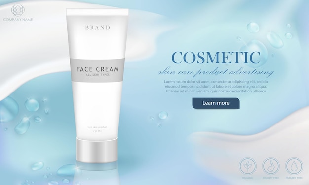Advertentie blauwe webbanner met cosmetisch product Promo poster met waterdruppels crème uitstrijkje huidverzorging tube