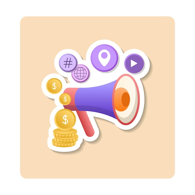 Advertentie indiening sticker illustratie luidspreker munt