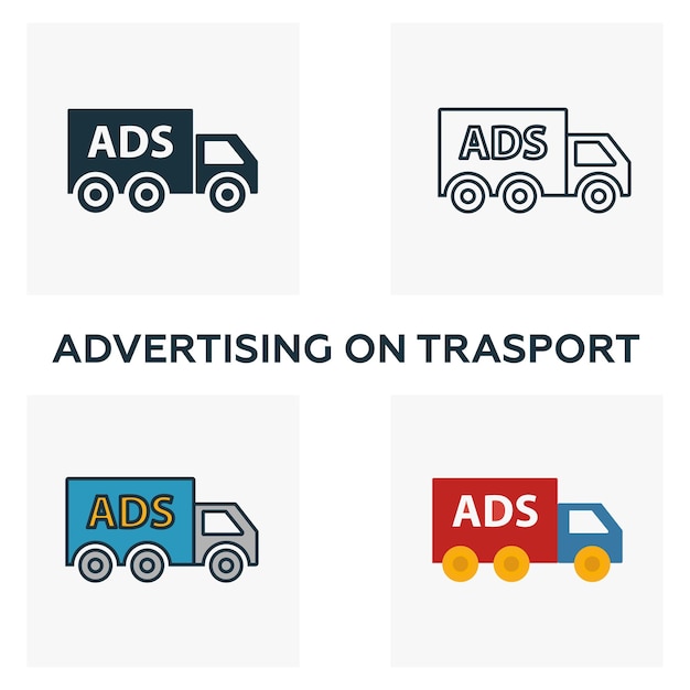 Adverteren op trasport icon set vier elementen in verschillende stijlen van reclame iconen collectie creatieve reclame op trasport iconen gevuld overzicht gekleurde en platte symbolen