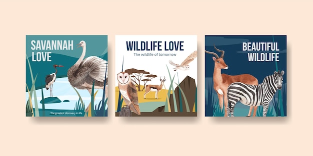 サバンナ野生動物の概念の水彩イラストでテンプレートを宣伝する