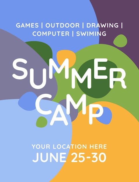 Vector advertisement of a children's summer camp abstract background of a color shapes and big text vector flat illustration poster flayer