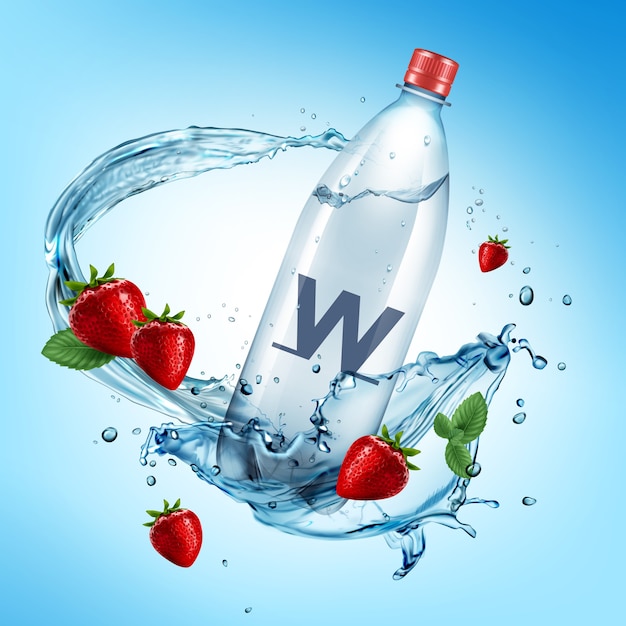 advertisement illustration of full plastic bottle and fresh strawberries falling in water splash