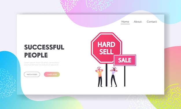 Advertisement, promotion landing page template. tiny characters suffer of intrusive adware stand at huge hard sell and sale promo banners, customers cover ears. cartoon people vector illustration