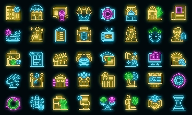 Advertising agent icons set. Outline set of Advertising agent vector icons neon color on black