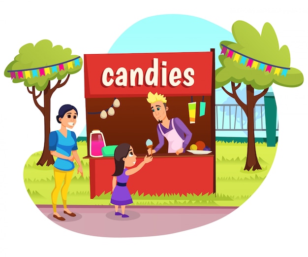 Vector advertising banner candies lettering cartoon flat.