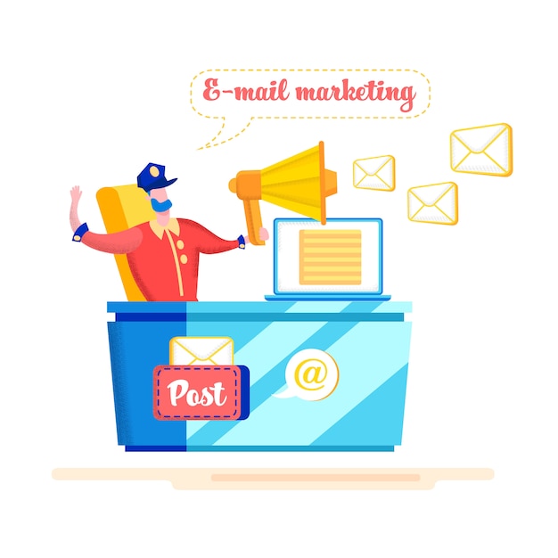 Banner pubblicitario e-mail marketing cartoon piatto.