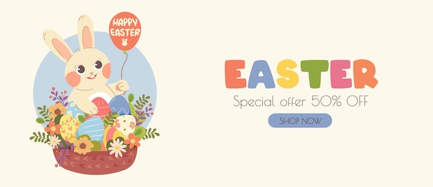 Vector advertising banner for easter discounts and sales special offer of 50 vector illustration with a cute rabbit flower basket and eggs in flat cartoon style