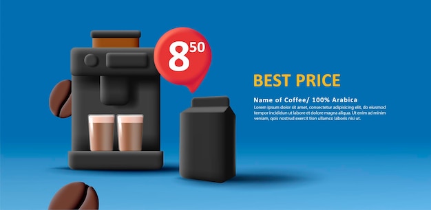 Advertising banner with coffee machine and milk box and coffee beans with best price bubble