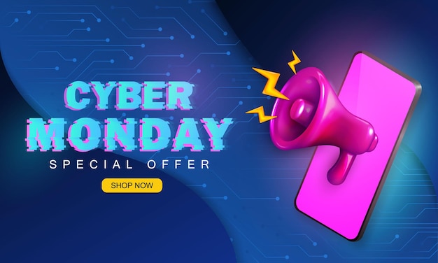 Advertising banner with glitched text pink loudspeaker and realistic phone for Cyber Monday sales