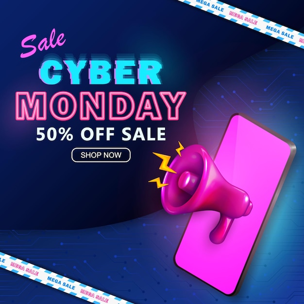 Advertising banner with glitched text pink loudspeaker and realistic phone for Cyber Monday sales