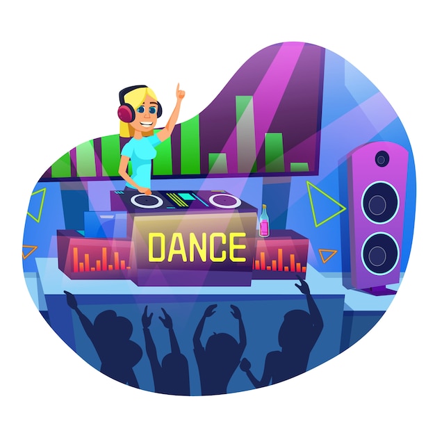 Advertising banner in written dance cartoon flat. flyer fun club dance party and dj. girl works in nightclub as dj.