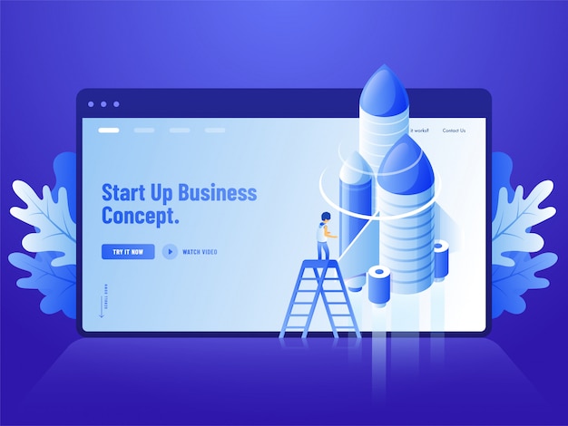 Advertising blue website landing page design, 3d illustration of human standing on ladder with rocket for start up business concept.