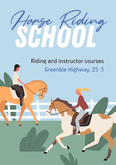 Advertising colorful poster for horse riding school. Promotional template for jockey courses. Vertical advertisement for equestrian club. Vector illustration in flat cartoon style.