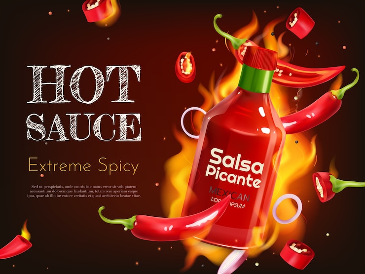 Vector advertising composition with realistic spicy sauce bottle and flame