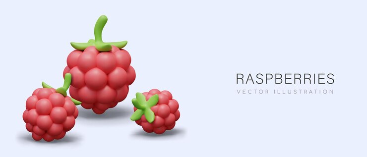 Vector advertising concept with 3d raspberries appetizing berries in cartoon style