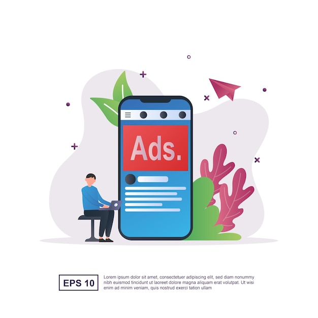 Vector advertising concept with ads written on smartphone screens and people sitting holding laptops