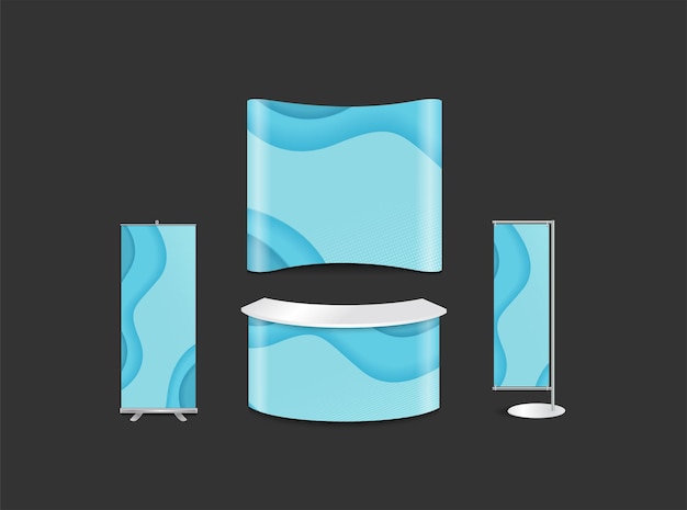 Advertising exhibition stand design with abstract geometric fluid shapes background corporate identity style, vector illustration