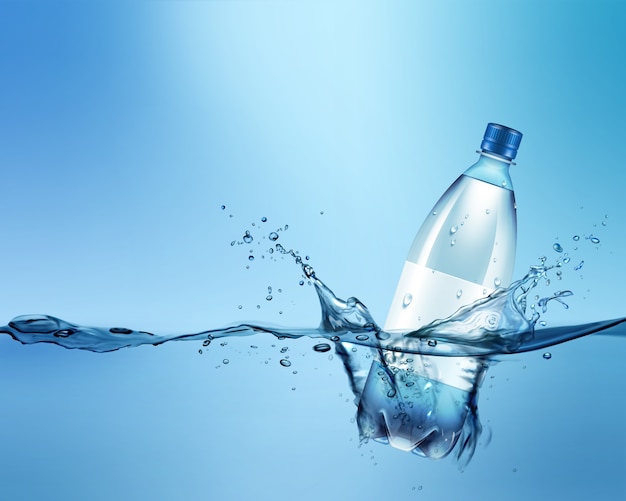 Vector advertising illustration of plastic bottle in blue water