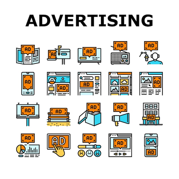 Advertising media business icons set vector