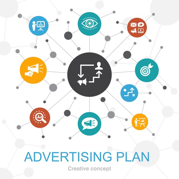 Advertising Plan trendy web concept with icons Contains such icons as marketing strategy planning target