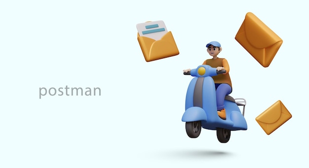 Vector advertising of postal services postman on scooter flying envelopes