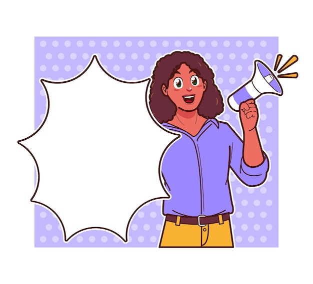 Vector advertising poster comic woman with megaphone and speech bubble