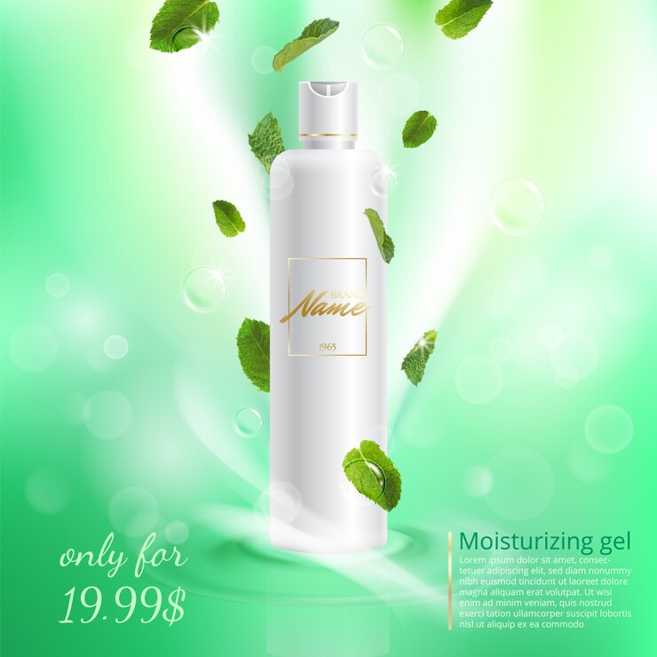 Advertising poster cosmetics shampoo, lotion, shower gel with extract or mint flavor.