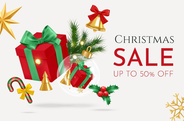 Advertising poster with Christmas sale and banner with product image and festive decoration on red b