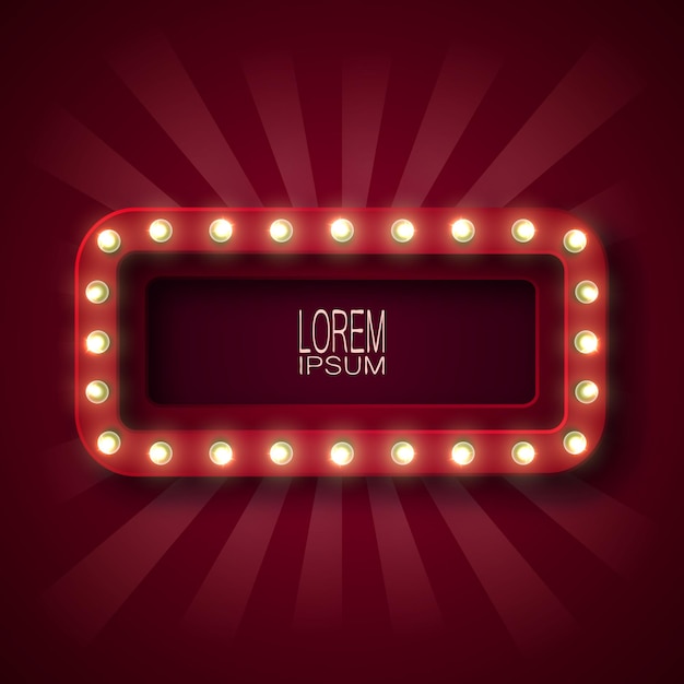 Advertising sign, banner, logo to attract customers. rectangle with rounded corners. with glowing bulbs along the contour, in red and white rays. dark red background. for your design. 10 eps