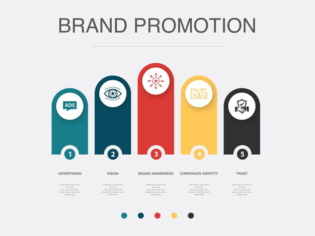 Vector advertising vision brand awareness corporate identity trust icons infographic design template creative concept with 5 steps