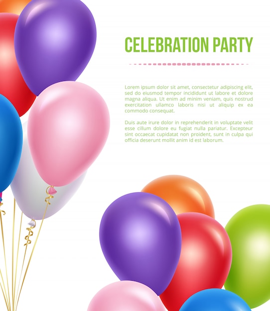 Advertizing template with balloons. transparent colored flying helium balloons for surprise birthday party background