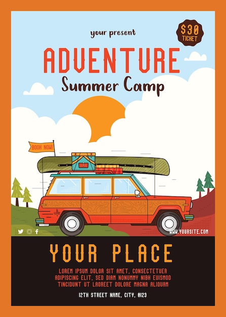 Adveture Summer Camp Social media flyer template with vintage camper car Classic camping invitation card design Stock vector poster graphics