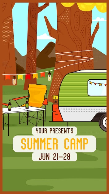 Adveture Summer Camp 소셜 미디어 게시물 템플릿(RV 트레일러 포함) 클래식 캠핑 초대 스토리 디자인 스톡 벡터 포스터 그래픽