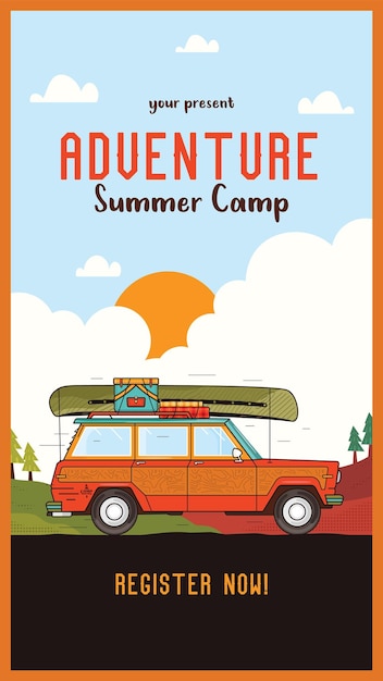 Adveture Summer Camp Social media verhalen sjabloon met vintage camper auto Klassieke camping uitnodigingskaart ontwerp Stock vector poster graphics