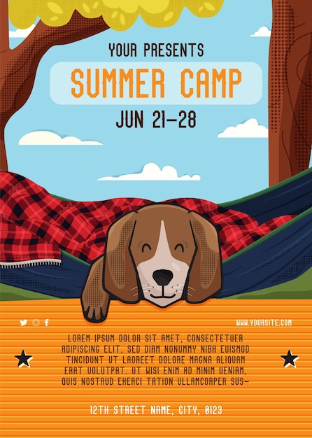 Adveture summer flyer camping social media post template with sleeping dog and landcsape classic camping invitation card design stock vector poster graphics