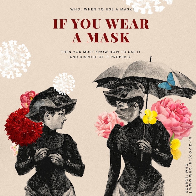 벡터 who 및 빈티지 일러스트레이션 벡터 소셜 광고에서 제공하는 올바른 마스크 착용 방법에 대한 조언