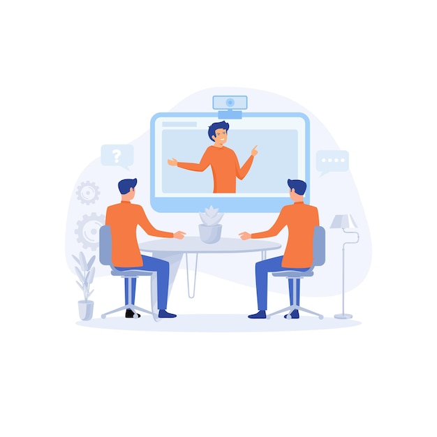 Advies- en trainingsconcept. Business team tijdens de videoconferentie in de bestuurskamer, platte moderne vectorillustratie