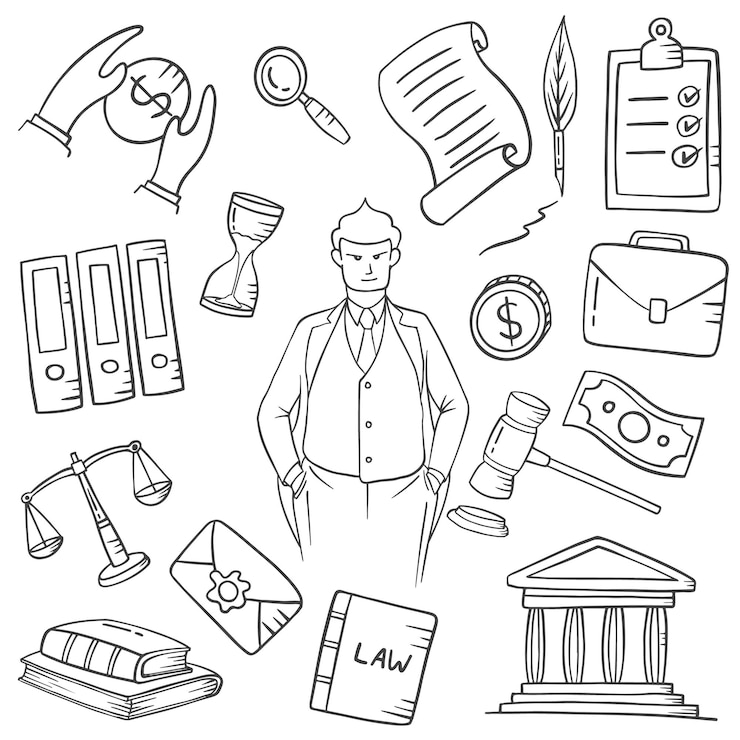 Advocaat banen of beroep doodle handgetekende set collecties met overzicht zwart-wit stijl