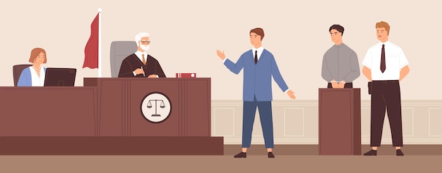 Advocate or barrister giving speech in courtroom in front of judge during trial process. Legal defense of accused person. Defendant in handcuffs at court tribune. Colorful flat vector illustration.