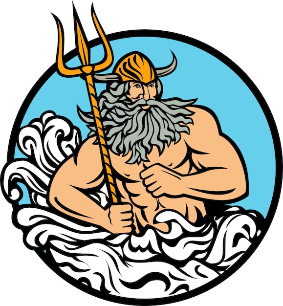トライデントと波の円のマスコットを持つ北欧神話の海の神エイギル・フラーまたはギミル