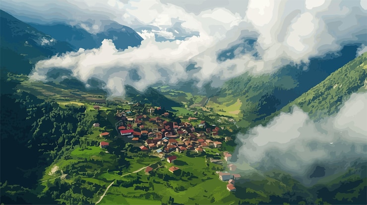Vector aerial drone shot of gomismta village in guri rural landscape photography
