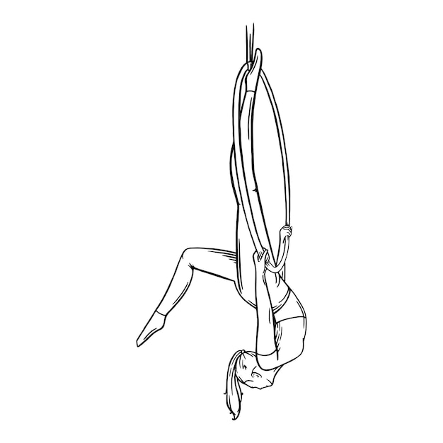 Aerial female gymnast in hoop Aerial gymnastics strength iproving pose Sketch vector illustration