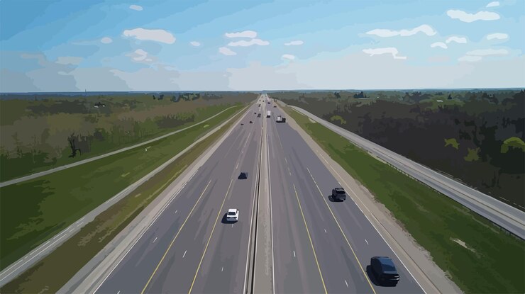 Vector aerial footage of vehicles driving on highway urban transportation concept