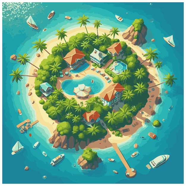 Aerial Paradise Top View Vector Illustration of a Tropical Island