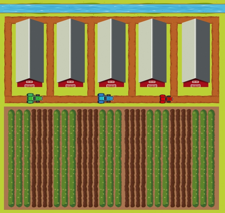 Vector aerial scene of barns and field