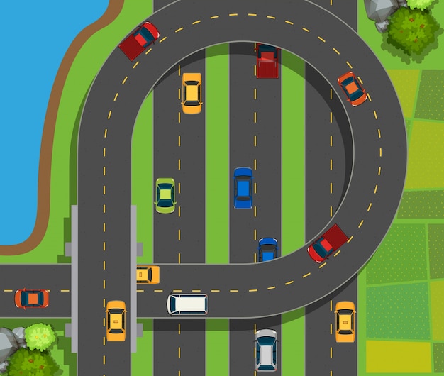 Воздушная сцена с автомобилями на дороге