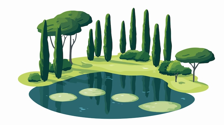 Vector aerial view of cypress trees standing in lake water
