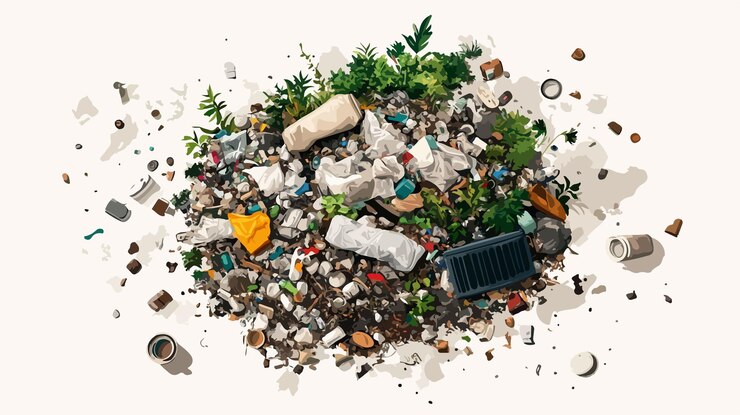 Vector aerial view of large plastic waste pile environmental pollution concept