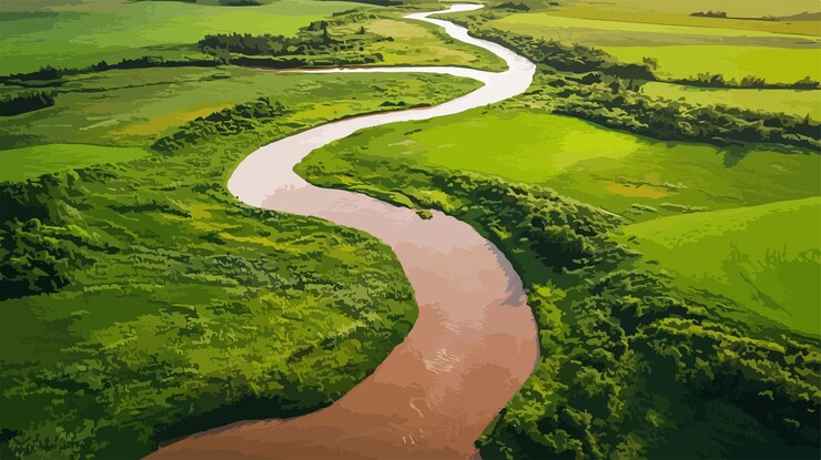 Vector aerial view of muddy river flowing through landscape