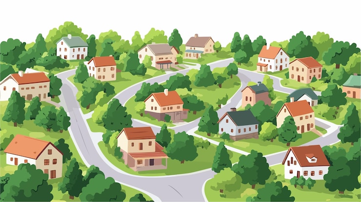 Vector aerial view of small town surrounded by lush greenery
